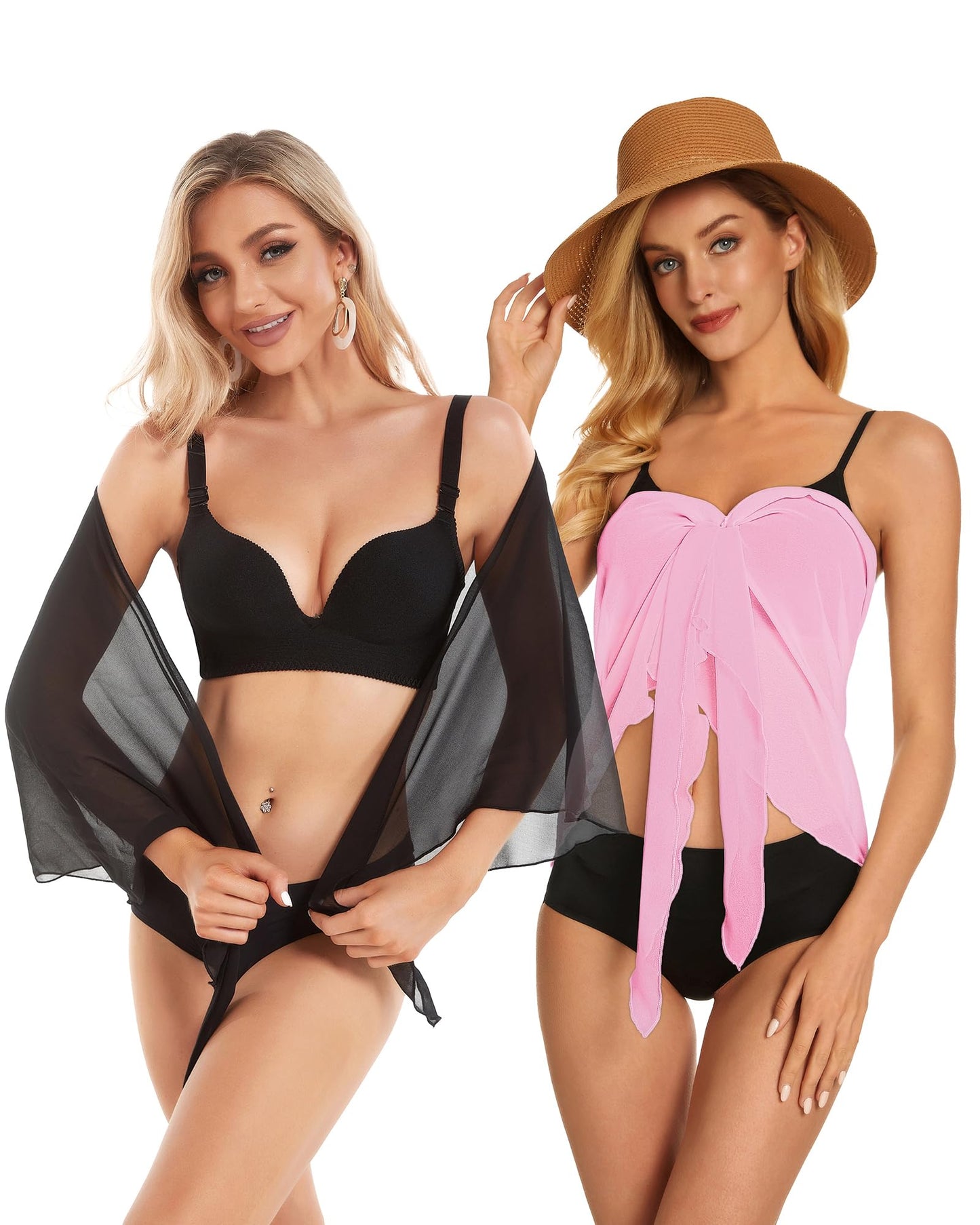 2 Pieces Sarong Cover Ups for Women Beach Bathing Suit Wrap Sheer Short Skirt Bikini Chiffon Scarf for Swimwear (Black and Pink)
