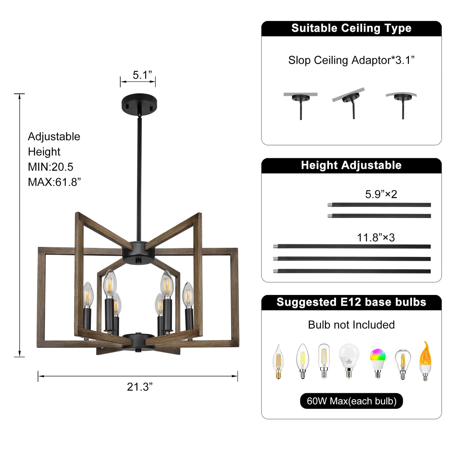 6-Light Kitchen Island Pendant Lights，Modern Farmhouse Kitchen Ideas Light Fixture，Industrial Hanging Chandelier for Dining Room，Wood Grain Finish and Black Chandelier for Foyer