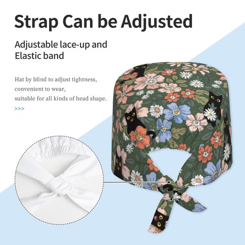 Floral Black Cat Working Cap, Scrub Cap with Sweatband, Adjustable Tie Back Hat Breathable Headgear for Women/Men