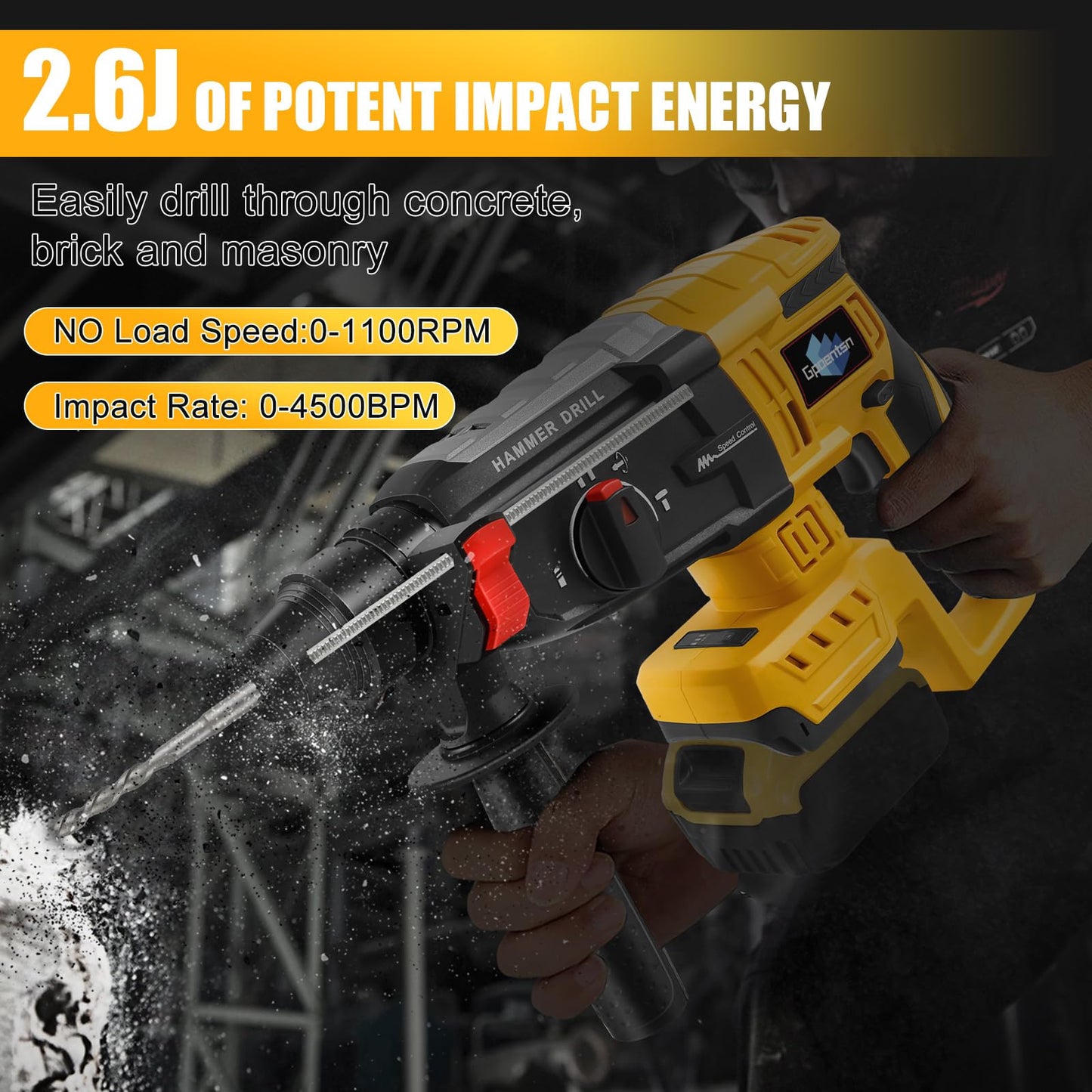 Gpaentsn Cordless Rotary Hammer Drill (Tool Only) Compatible with DEWALT 20V Max | 2.6J Impact | SDS-Plus Chuck | 4-Mode | Brushless Motor (Battery not Included)