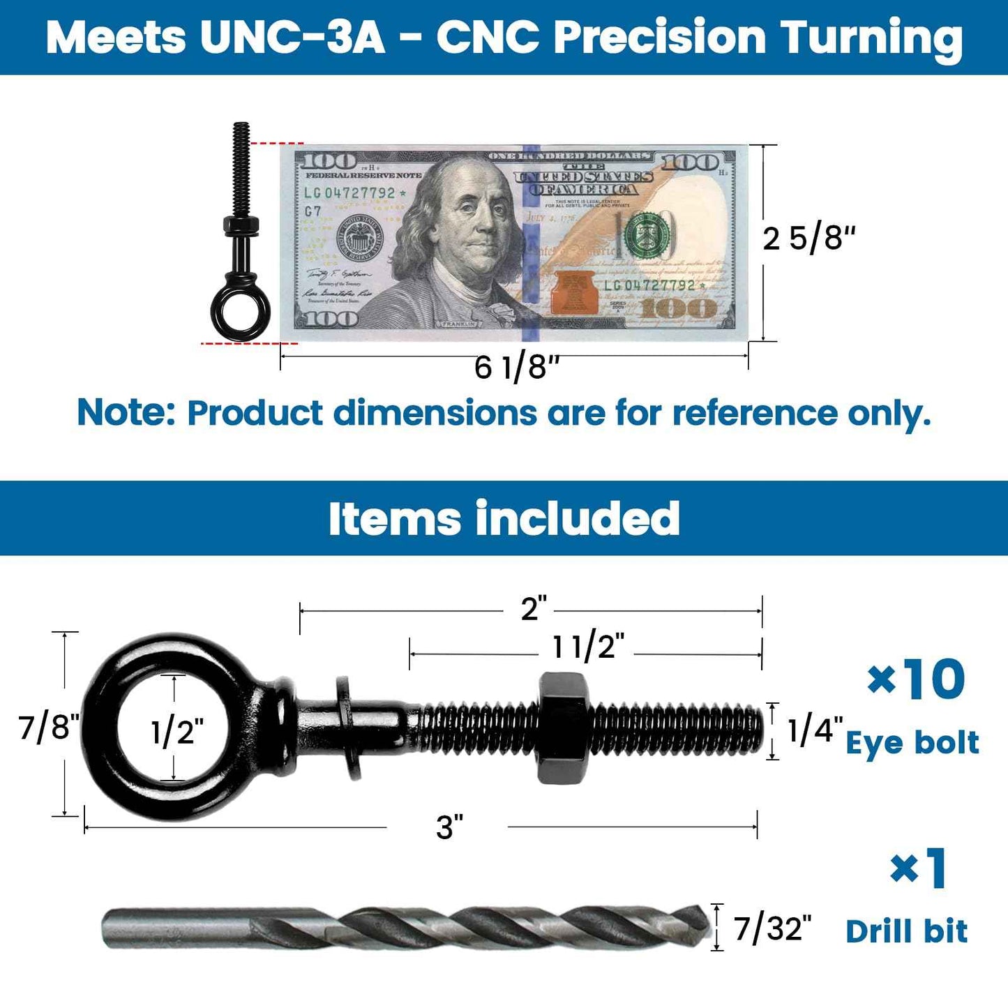 Muzata 10 Pack 1/4" x 3" Black Eye Bolt with Nuts T316 Stainless Steel Eye Bolts Heavy Duty Threaded Eyebolts Shoulder Lifting Ring Marine Grade UNC-3A CR31
