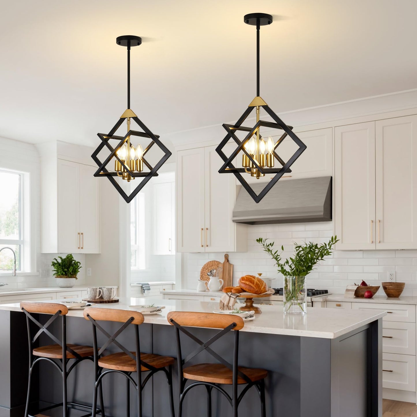 18" Farmhouse Chandelier, 4-Light Geometric Ceiling Dining Room Fixture, Modern Industrial Foyer Lighting Fixtures, Black and Gold Hanging Pendant Lights for Bedroom, Kitchen Island, Hallway, Entryway