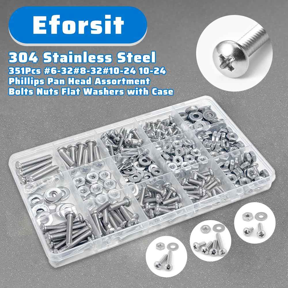 351Pcs Nuts and Bolts Assortment Kits 304 Stainless Steel Machine Screw，SAE 8 Szie #10-24#8-32#6-32 Assorted Nuts Washers Set and Phillips Pan Head Bolt