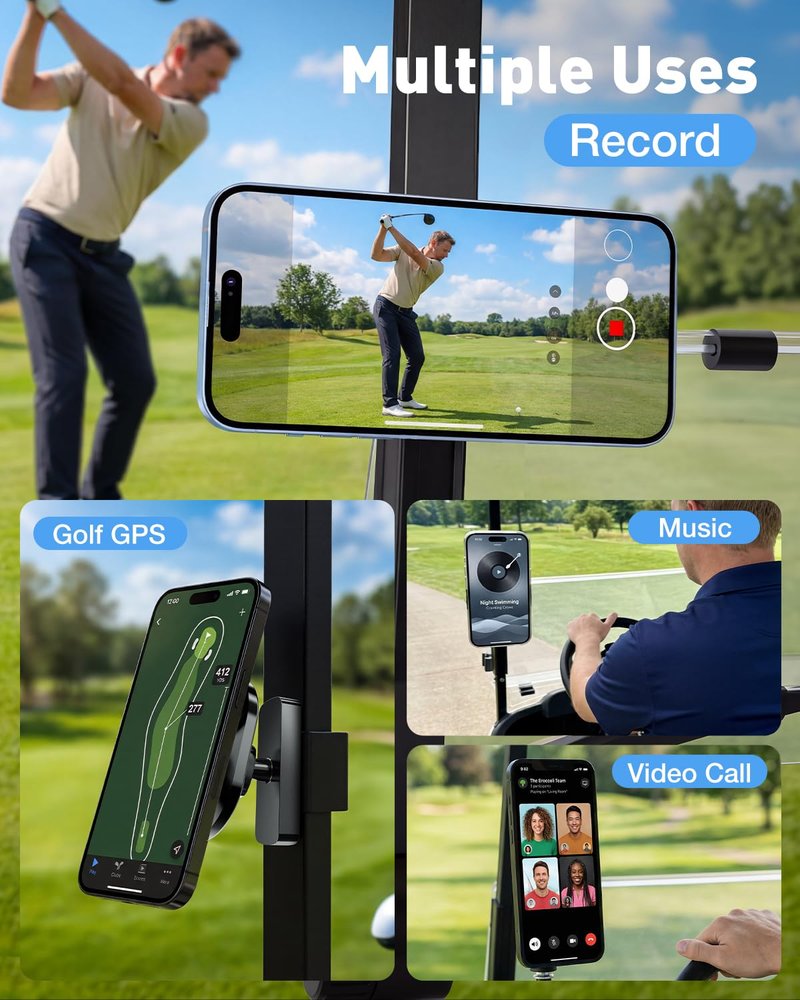 NEVERLAND Magnetic Golf Cart Phone Holder - 360° Rotation Golf Cart Phone Mount Compatible with MagSafe iPhone and Android, Golf Cart Accessories Gifts for Men Women Golfers