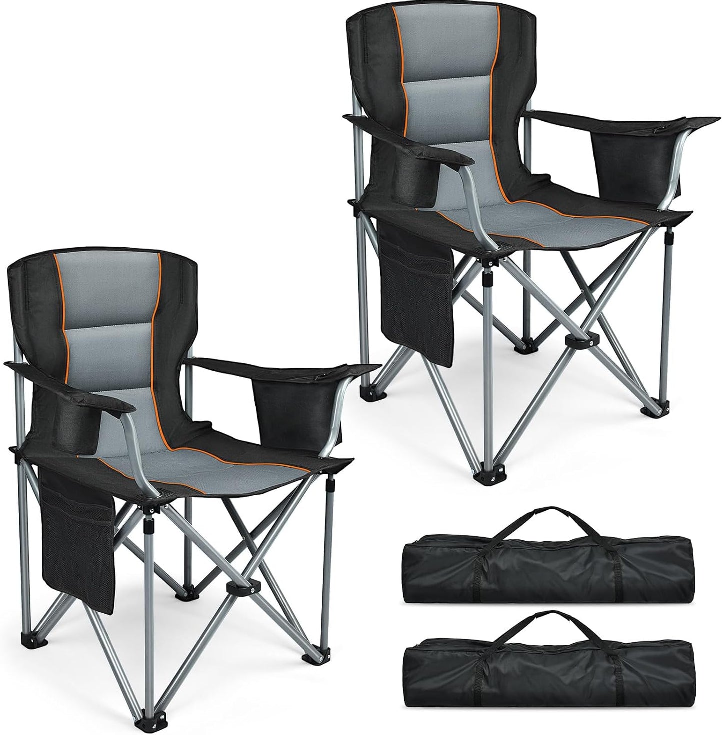 Skiennix Camping Chairs - 2 Pack Oversized Heavy Duty Folding Chairs with Cup Holder & Cooler Bag | Supports 400 LBS