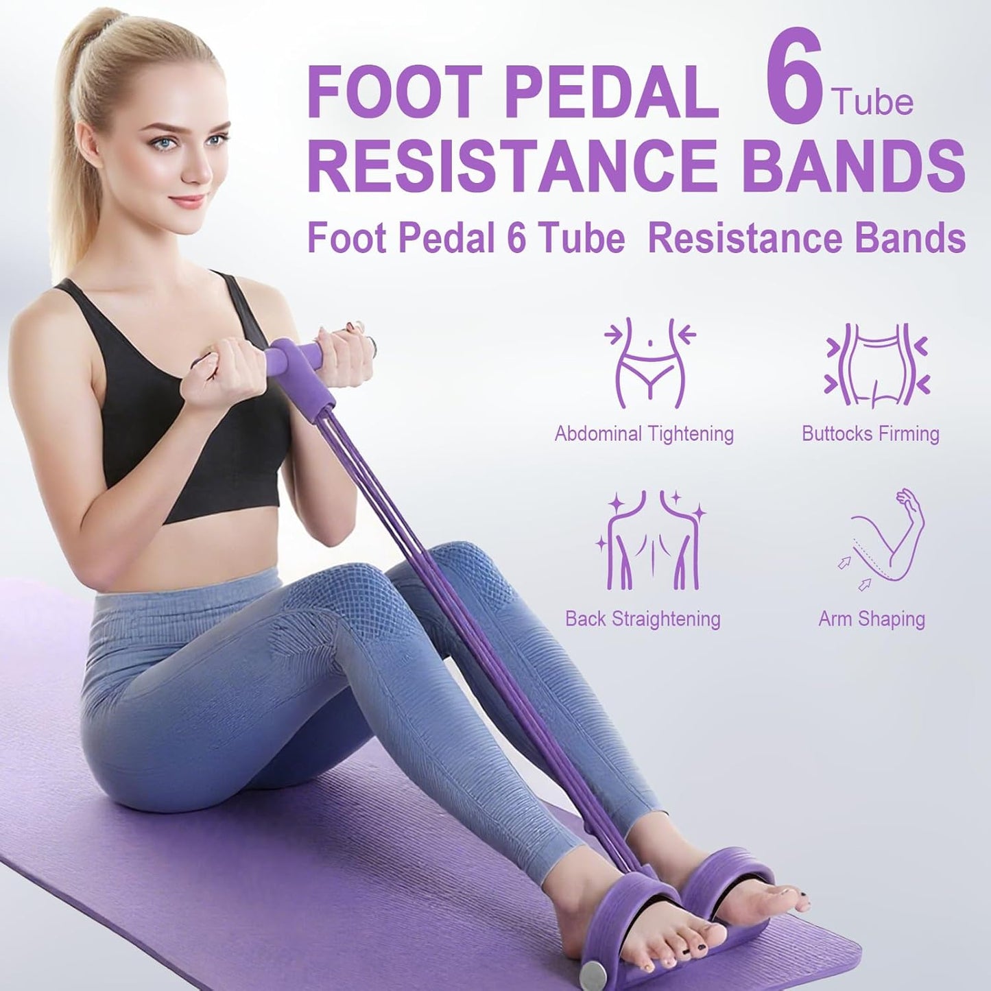 Skiennix Pedal Resistance Bands - Upgrade 6-Tube Manual Tension Fitness Bands for Full-Body Stretching (Purple)