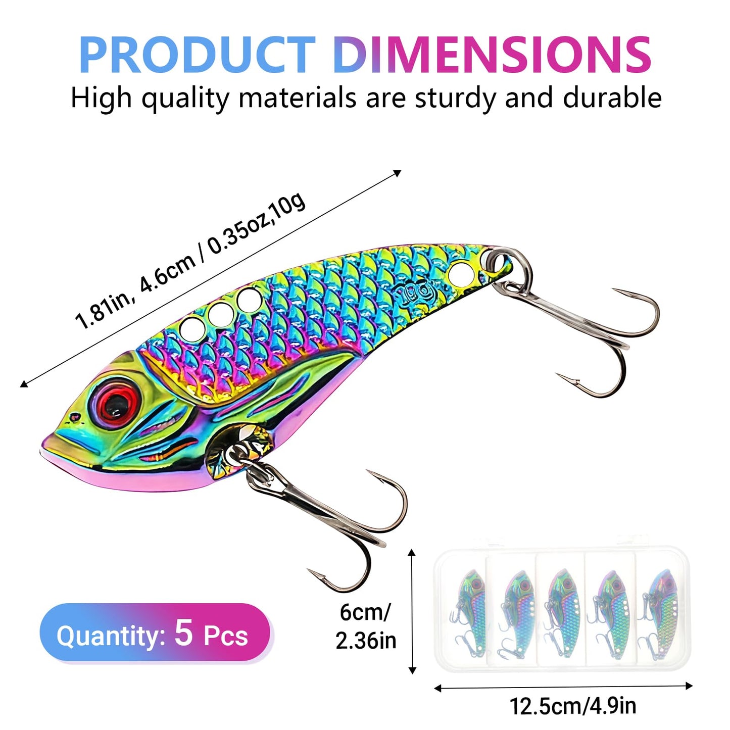 Zsrivk Fishing Lures Blade Baits for Bass Walleye Trout Crappie, Metal Hard VIB Spinner Spoon for Saltwater and Freshwater, 5PCS Lure Set with Box