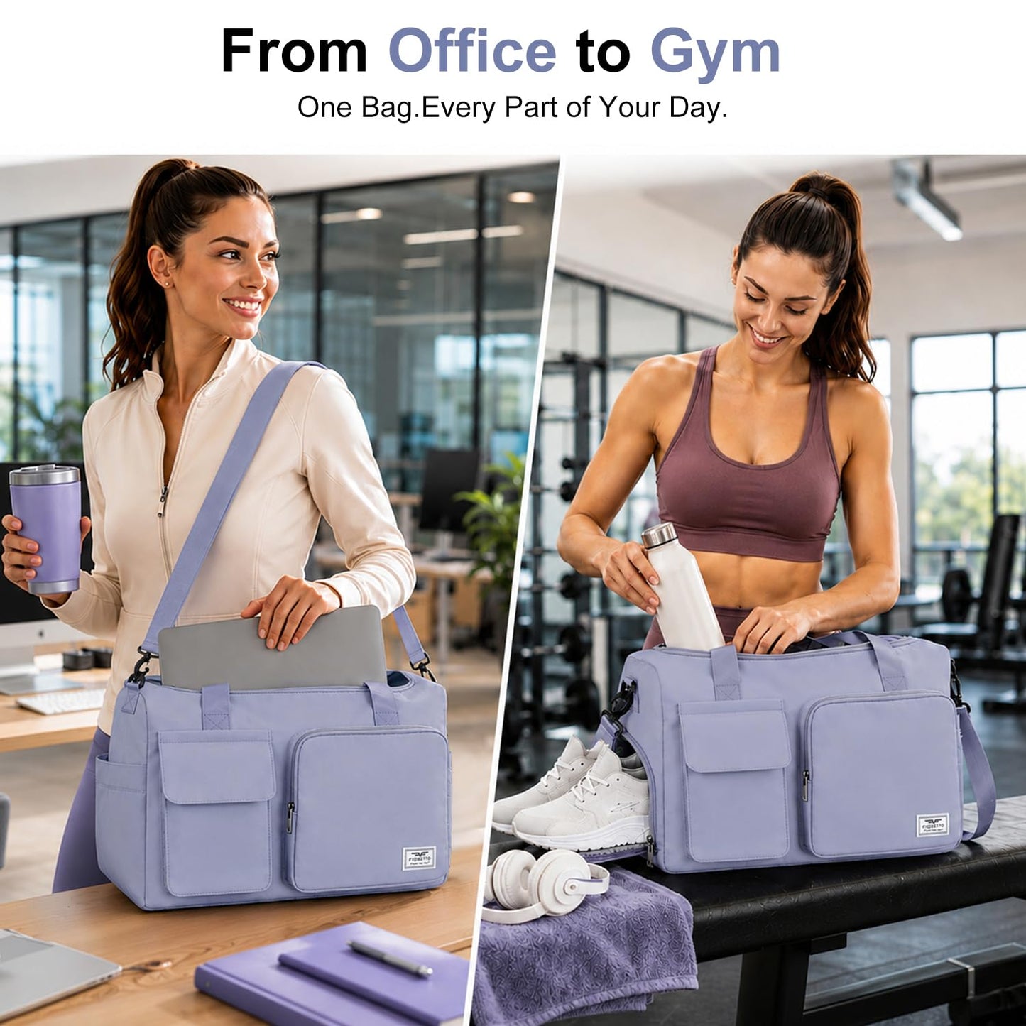 FIORETTO Women's Gym Duffle Bag with Shoes Compartment, 30L Capacity, Ideal for Travel, Gym, Sports, Duffel, Weekender, Blue