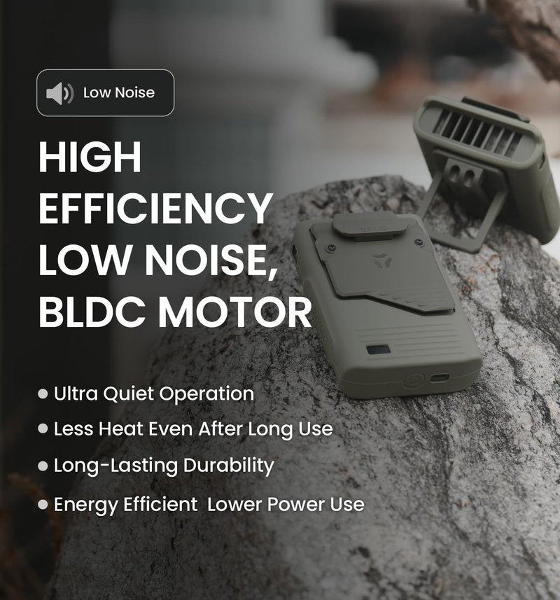 Claymore Clip Fan Khaki – Portable Rechargeable Neck Waist Wearable Fan with 5200mAh Battery, 5-Speed Quiet BLDC Motor, Hands-Free Neck Strap Design, USB-C Charging Camping, Hiking, Outdoor Use