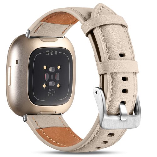 Maledan Leather Bands Compatible with Fitbit Versa 3/Fitbit Sense, Top Grain Genuine Thin Leather Replacement Accessories Wristband for Women Men, Beige