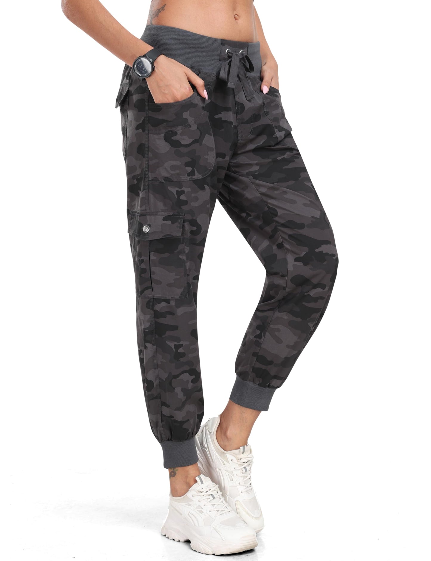 MoFiz Hiking Cargo Pants for Women with Pockets Lightweight Quick Dry Athletic Outdoor Summer Travel Casual Joggers Sweatpants Camouflage Dark Grey L