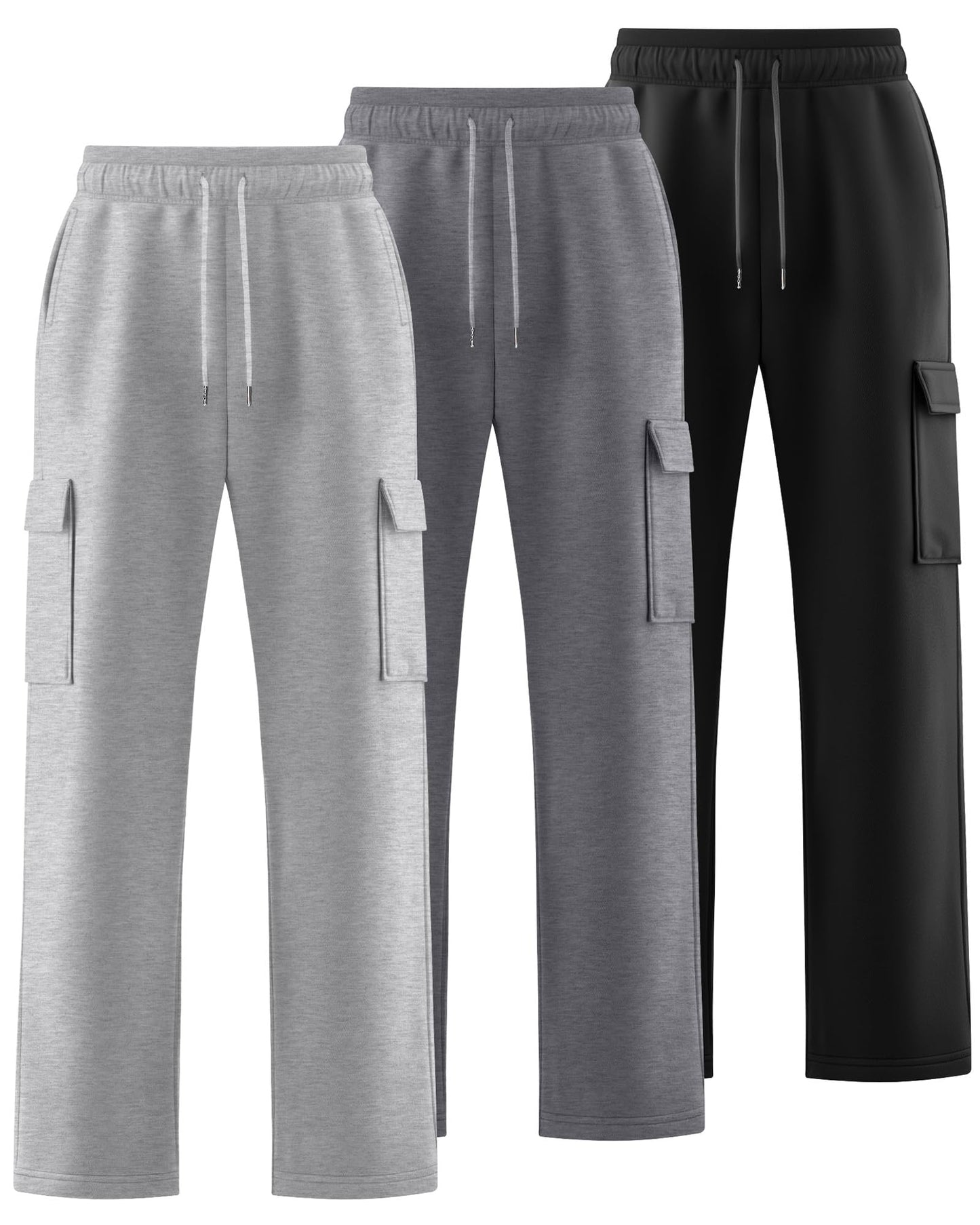 August Alley 3 Pack Men's Cargo Sweatpants Drawstring Thin Straight Leg Pants Casual Baggy Open Bottom Jogger with Pockets(Gray, Light Gray, Black,Medium)