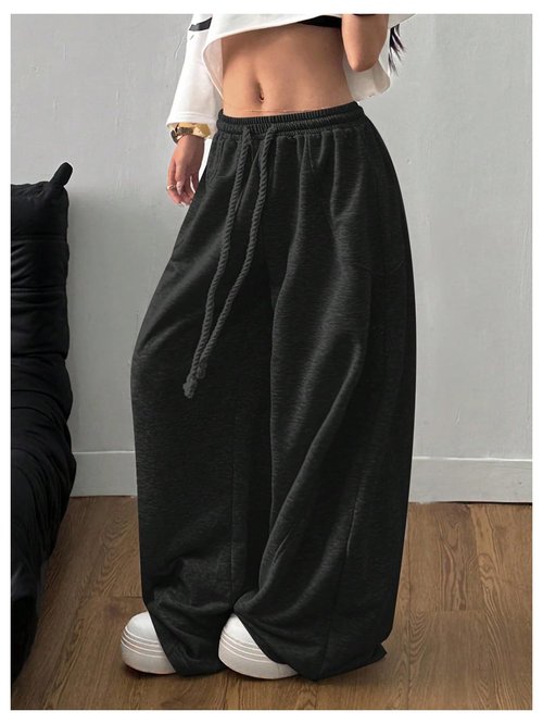 GORGLITTER Women's Y2K Baggy Sweatpants Wide Leg Barrel Pants Elastic Waist Oversized Drawstring Sweats Black X-Large
