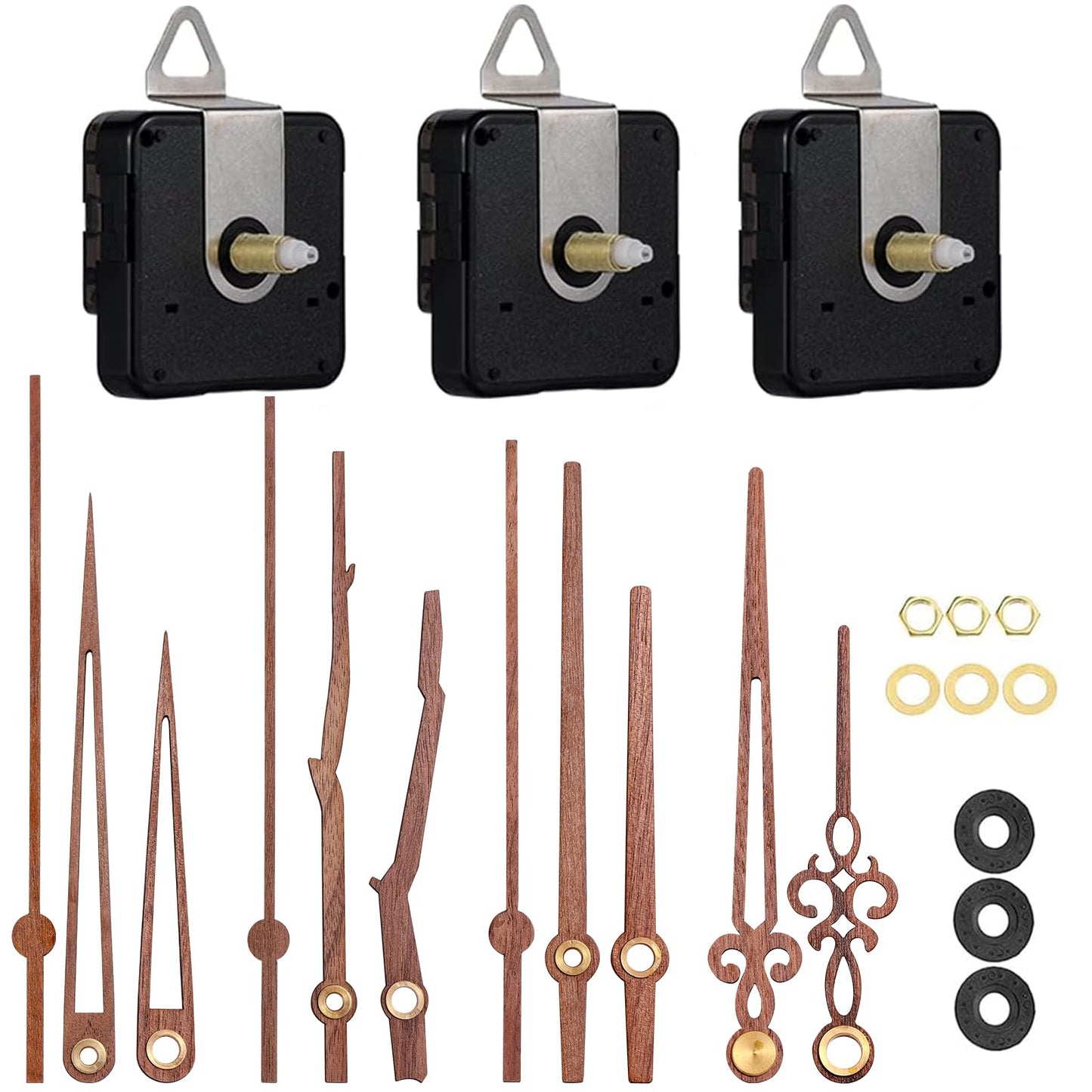 EMOON 3 Pieces Quartz Clock Mechanism Replacement Kit Long and Short Shaft Length with 4 Types of Walnut Wood Clock Hands DIY Clock Repair Parts (Total Shaft Length 16mm,20mm,23mm)