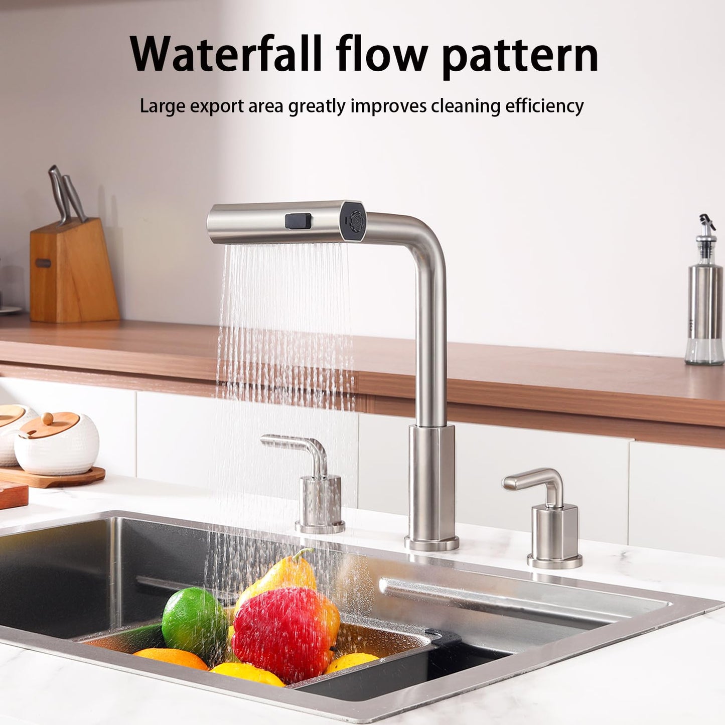 Kitchen Sink Faucet for 3 Hole with Pull Down Sprayer - 8 inch Two Handle Widespread Kitchen faucets Set with Pull Out Sprayer for Sink- Stainless Steel Brushed Nickel 3 Piece Faucet for Kitchen Sink