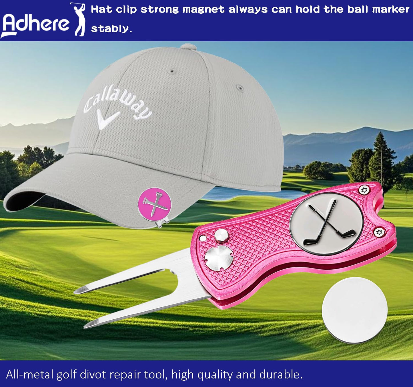 Adhere Golf Ball Markers & Divot Tools Personlized Enamel Ball Markers with a Magentic hat Clip,Unique Premium Golf Accessories Gift for Golfer. (E-Golf tees+Golf Club +Pink Divot Tools)