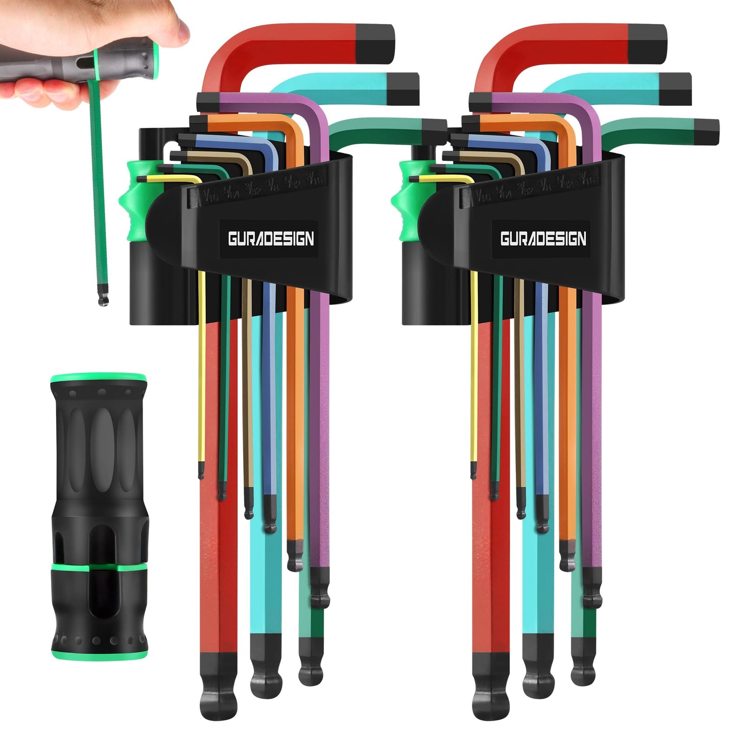 GURADESIGN 19-Piece Allen Wrenches Set, Hex Key Set,Metric and SAE Allen Key Set Extra Long with Ball End T-Handle, MM(1.5mm-10mm),SAE(5/64"-3/8") Chrome Vanadium Steel