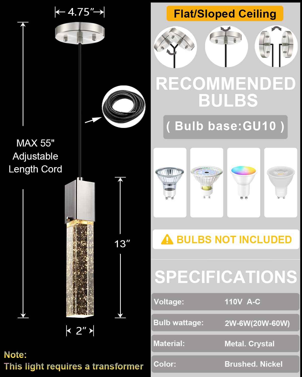 SEENMING HOUSE Mini Integrated Hanging Crystal Kitchen Island Modern Concise Pendant Ceiling Light Fixture,for Kitchen Island Dining Room Bedroom Hallway,UL Listed (Brushed Nickel, 2 Pack)