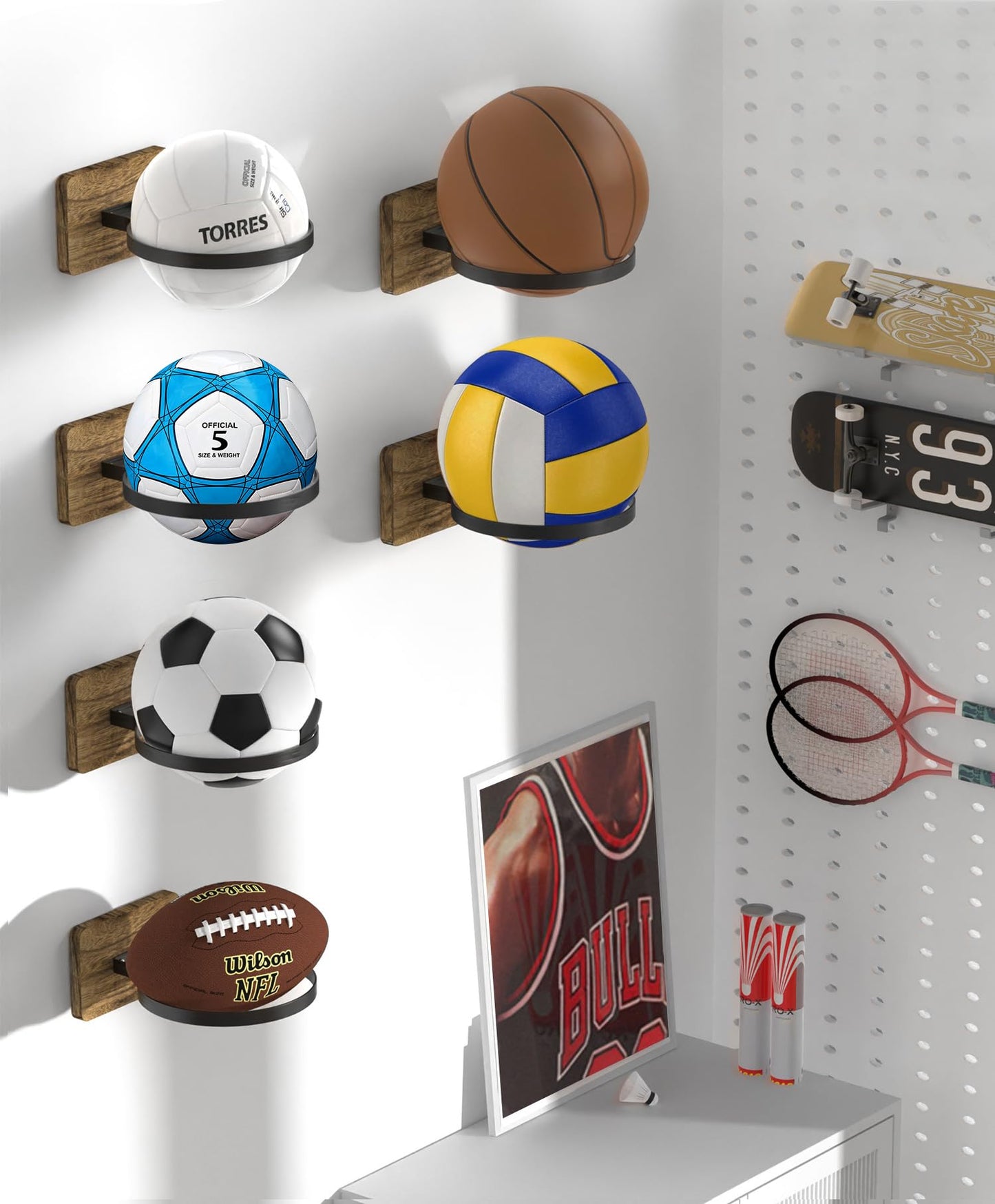 6 Pcs Wall Mount Basketball Holder with Wooden Base – Ball Storage Display Rack for Autograph Basketball, Football, Soccer, Volleyball – Sports Organizer for Player Fans, Home Gym, Bedroom, Garage