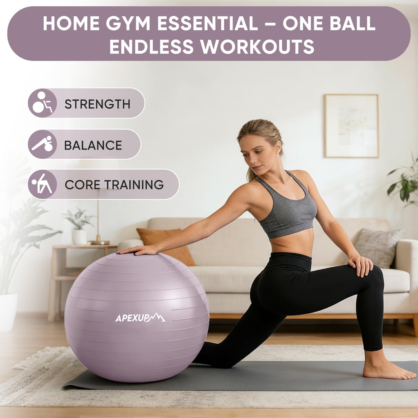 APEXUP Yoga Ball, 660 lbs Anti-Burst Exercise Ball with Pump, 5 Sizes (XXL(31"~34") 85cm, Mauve)