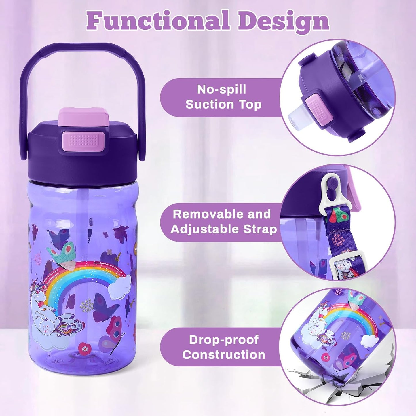 Skiennix 20oz Kids Water Bottle - Leak-Proof Design with Straw & Pop-Up Spout | Unicorn Theme