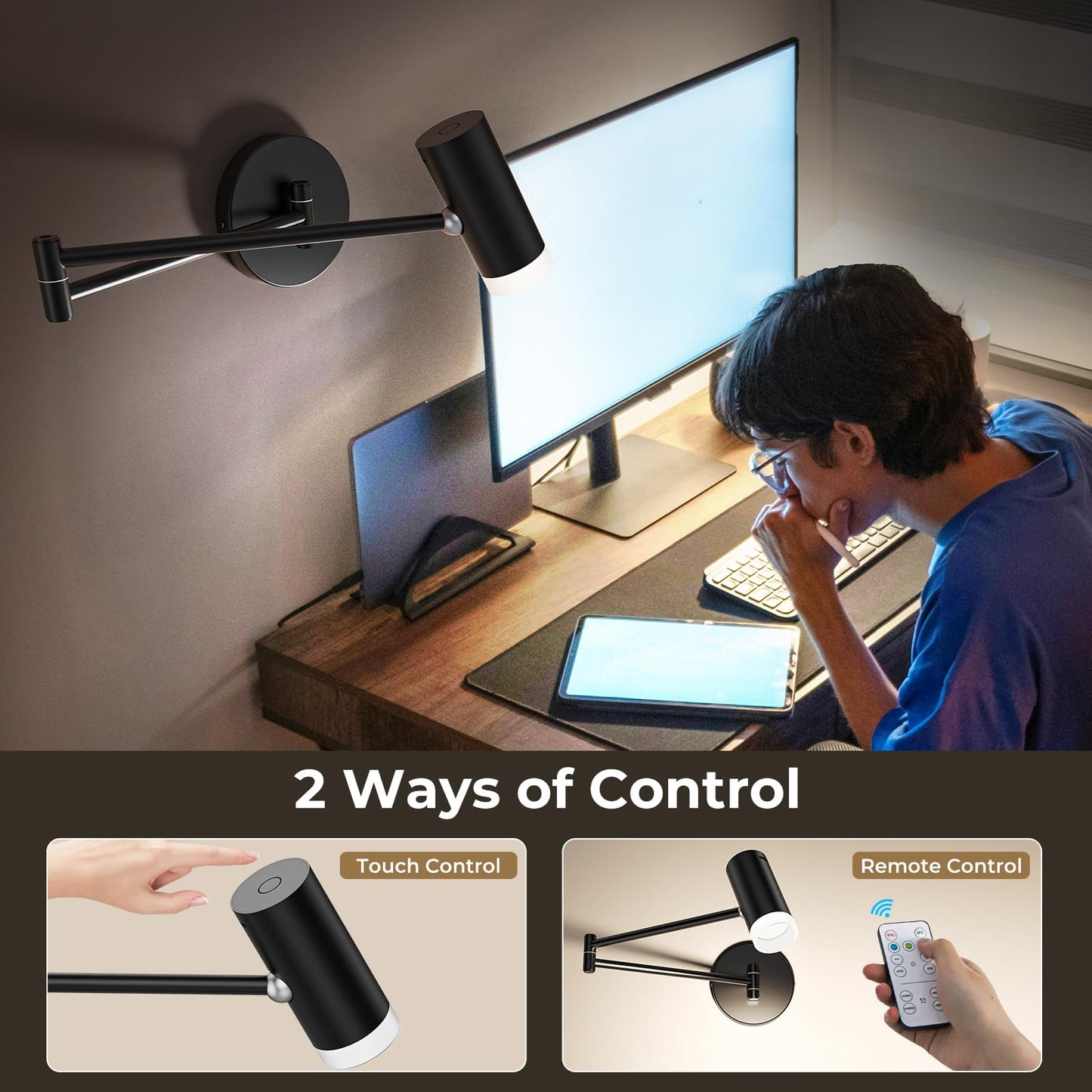 Afyuol Battery Operated Wall Sconces Set of 2, Swing Arm Wall Lamp with Remote Control, Not Hardwired Led Wall Lamp Fixtures Dimmable Wall Light Decor for Bedroom Reading Living Room