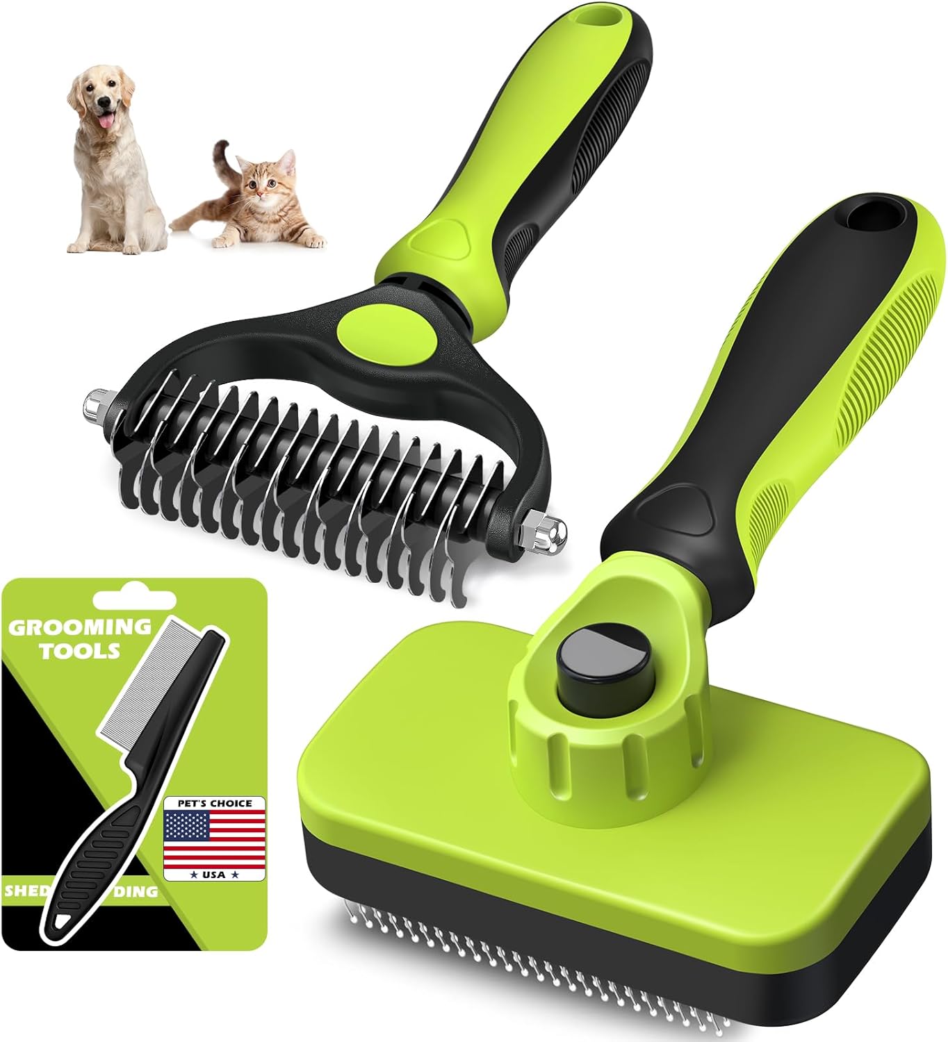 Skiennix 3PCS Pet Grooming Set - Self-Cleaning Slicker Brush, Rake & Flea Comb for Dogs, Cats & Horses | Skin-Friendly Dematting Tool (Green)