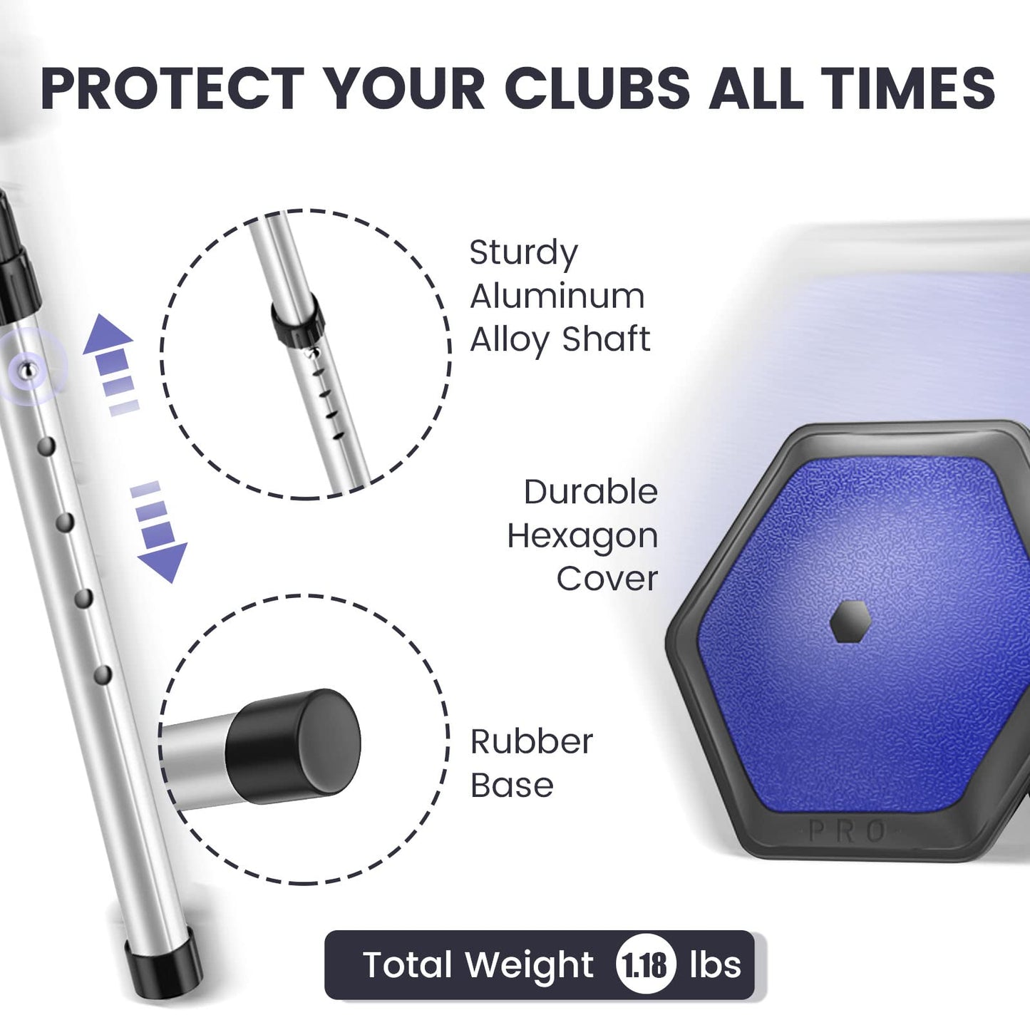 ToVii Golf Stiff Arm Club Protector, Sturdy Aluminum Alloy Golf Travel Bag Support Rod and Thickened Hexagon Support Top, Premium Golf Stiff Arm Travel Support System Protector Clubs (Blue)
