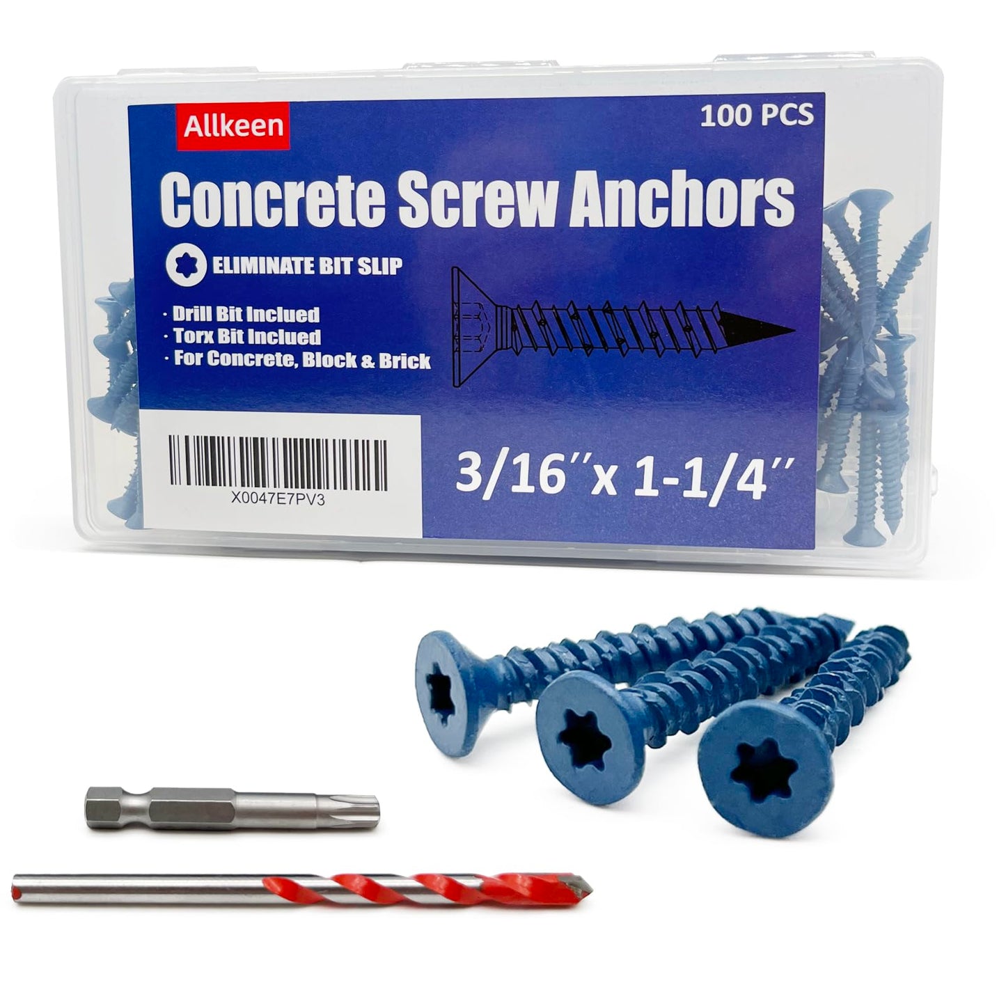 Allkeen 3/16" x 1-1/4" Concrete Screws, Anchoring to Masonry, Brick, Block, Cement or Stucco, 100PCS