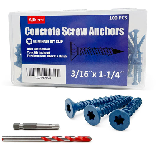 Allkeen 3/16" x 1-1/4" Concrete Screws, Anchoring to Masonry, Brick, Block, Cement or Stucco, 100PCS