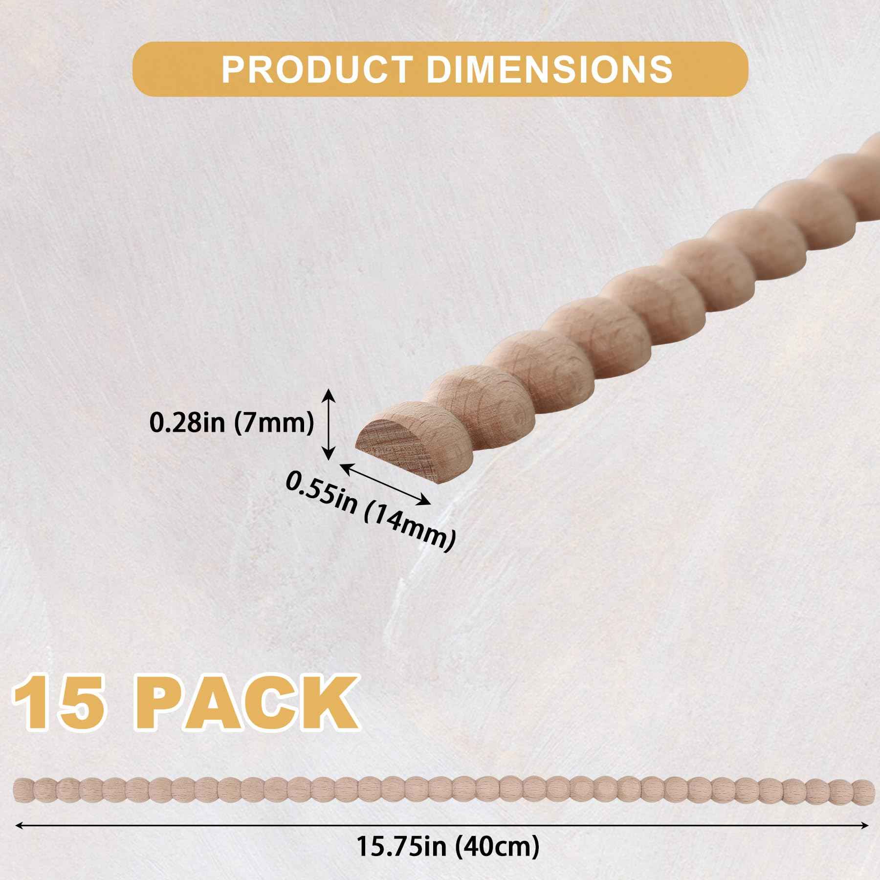 Soengsau 15-Pack 15.75" Unfinished Wood Beaded Trim - Easy to Paint, Cute Decorative Molding DIY Craft for Furniture Frame, Mirror Edge, Wall, Door, Closet, Dresser, Shelf