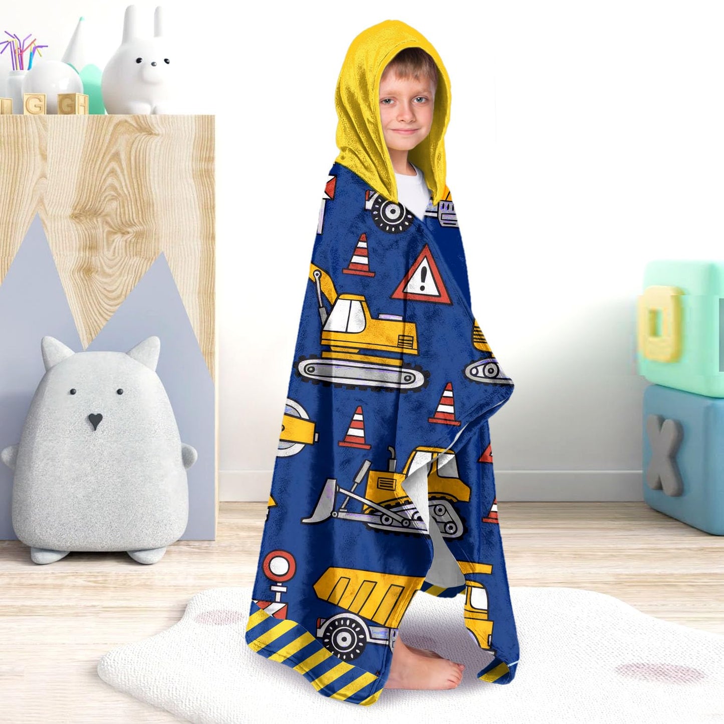 Boys Car Beach Towel with Hoodie for Kids Toddlers Age 4-8, Engineering Vehicle Bath Towels Shower Wrap for Boys, Hooded Poncho Beach Blanket for Pool Swimming Cute Wearable Bath Towel for Child