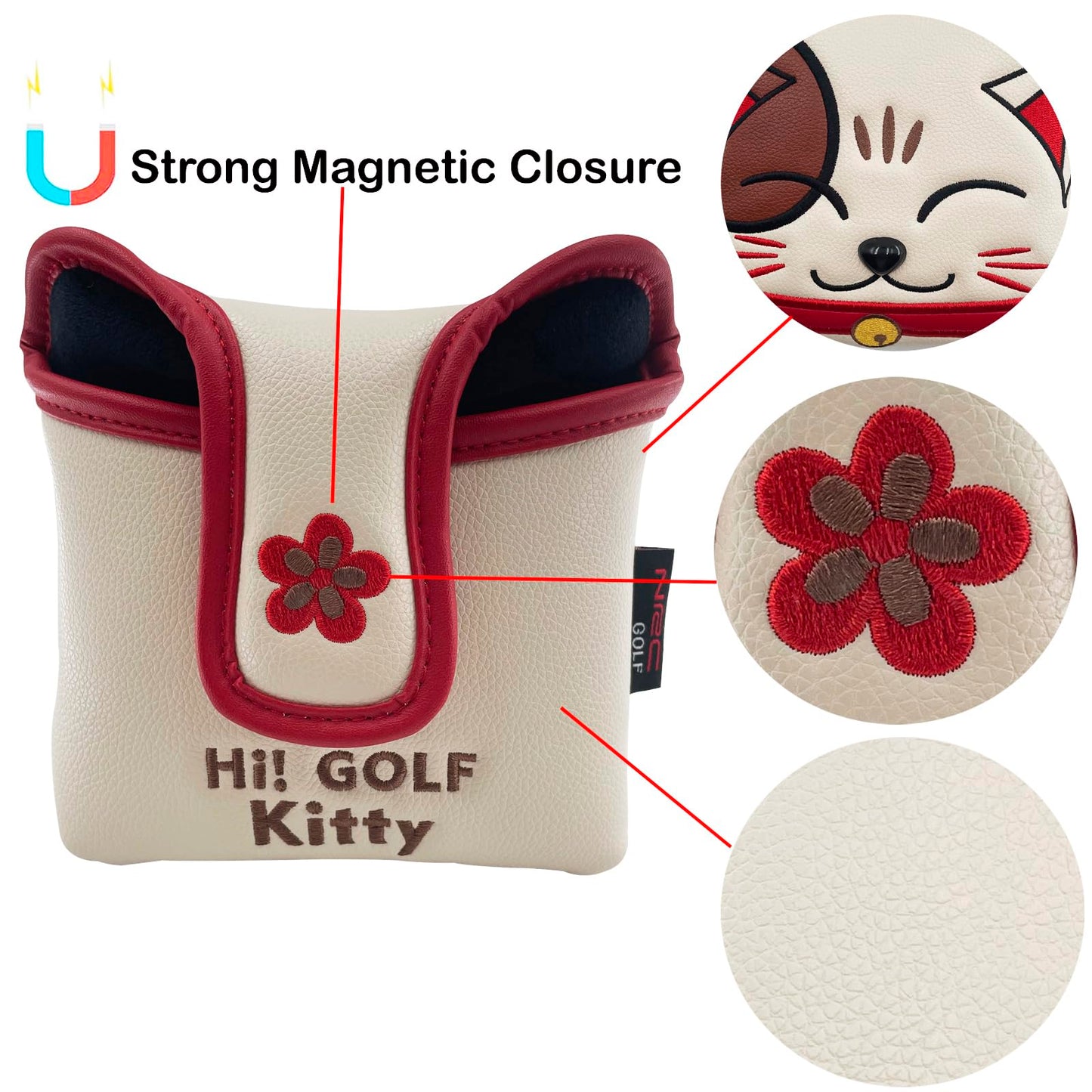 Gbourly Golf Club Heel Shaft Square Mallet Putter Cover Lucky Cat PU Leather Headcover with Magnetic Closure