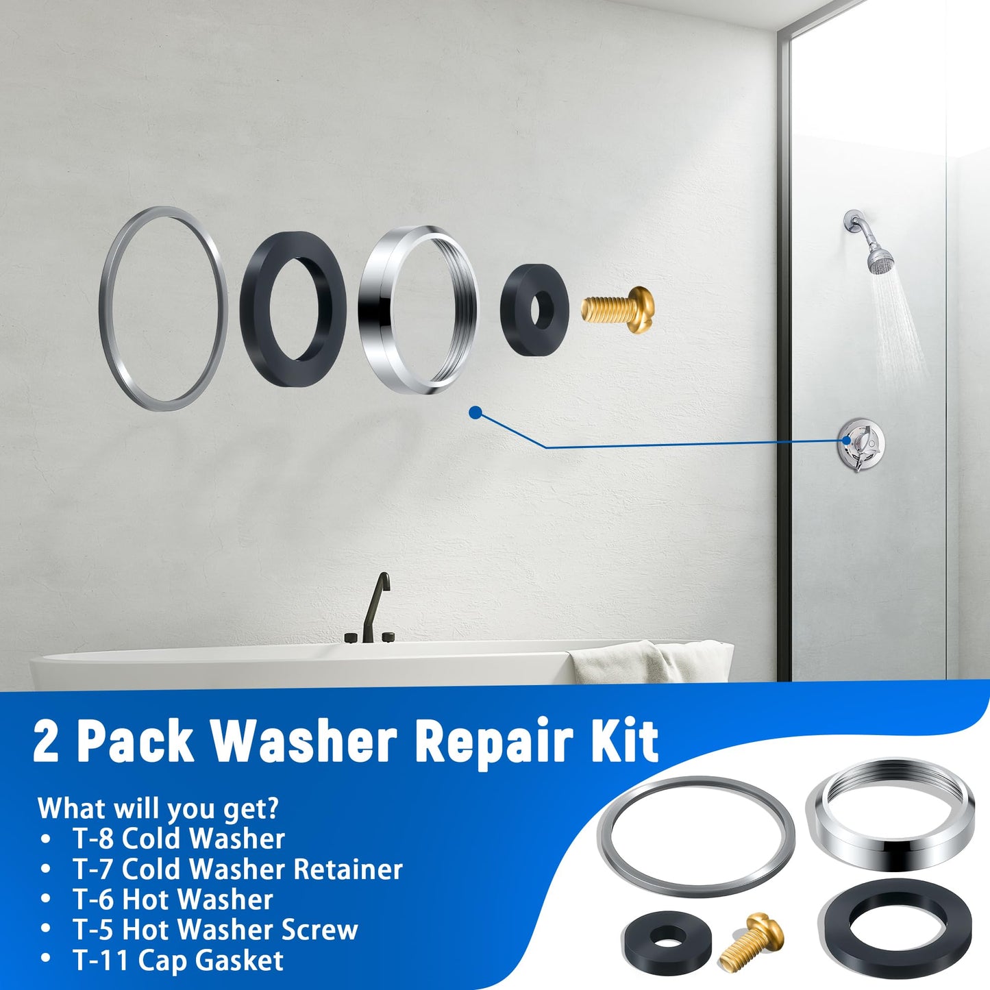 Enhon 2 Pack Washer Repair Kit Replacement for TA-9, Compatible with Symmons Temptrol Valve TA-10 Spindle Assembly, T-8 Cold Washer, T-7 Retainer, T-6 Hot Washer, T-5 Screw and T-11 Cap Gasket