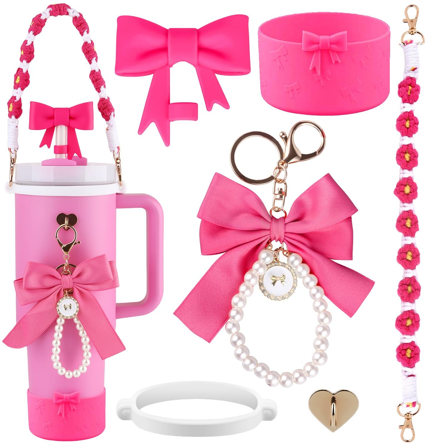 Wututir Stanley Cup Accessories Set,40oz & 30oz Tumbler Accessories Including Bow 0.4in Straw Topper Cover,2.95in Silicone Bling Boot,Bow Charms,Water Bottle Handle Strap for Women Gift (Dark Rose)