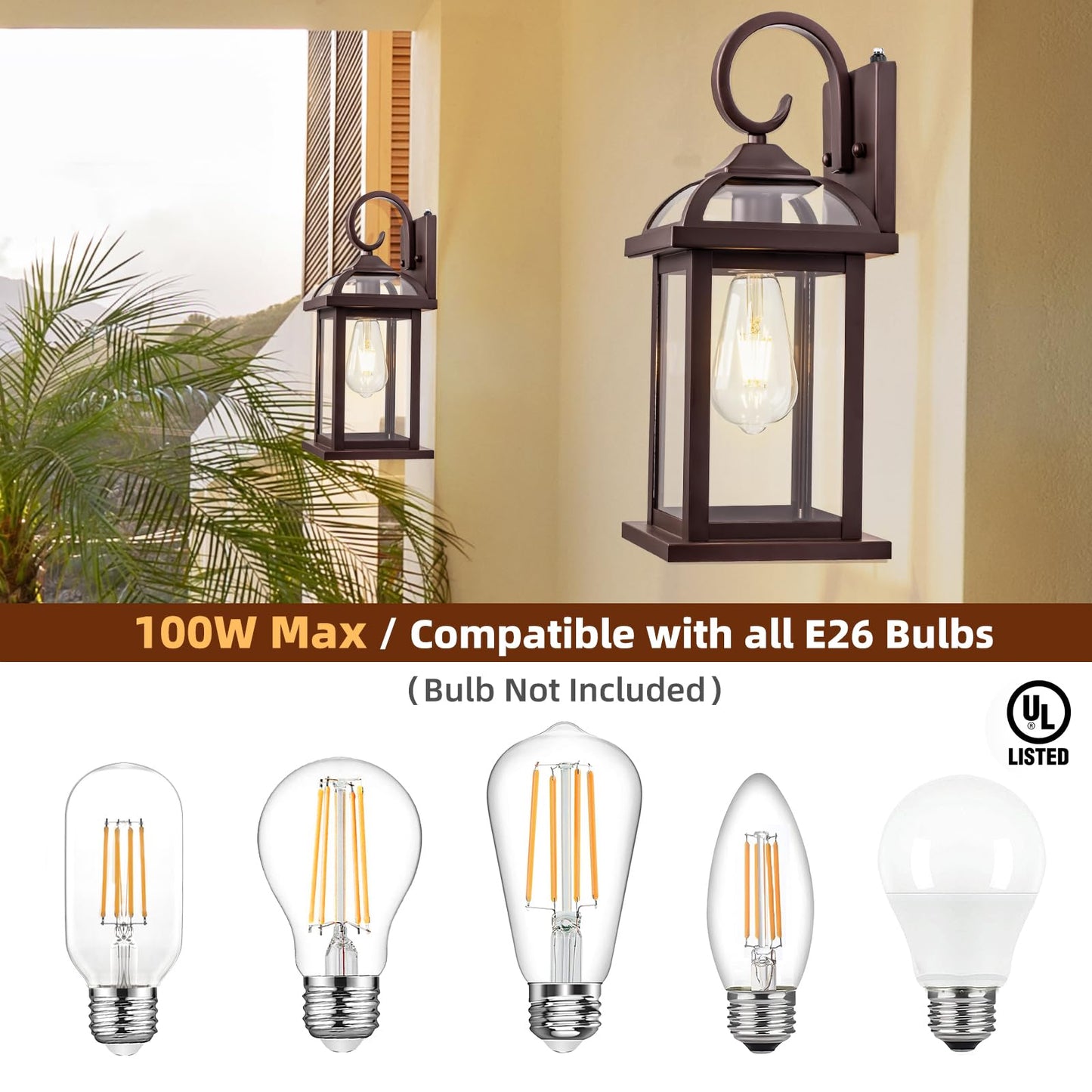 Roravilila Dusk to Dawn Outdoor Lighting Oil Rubbed Bronze 2-Pack, 15 Inch Aluminum Anti-Rust Front Porch Lights with IP65 Clear Tempered Glass Exterior Light Fixtures for House Brown Carriage Lights