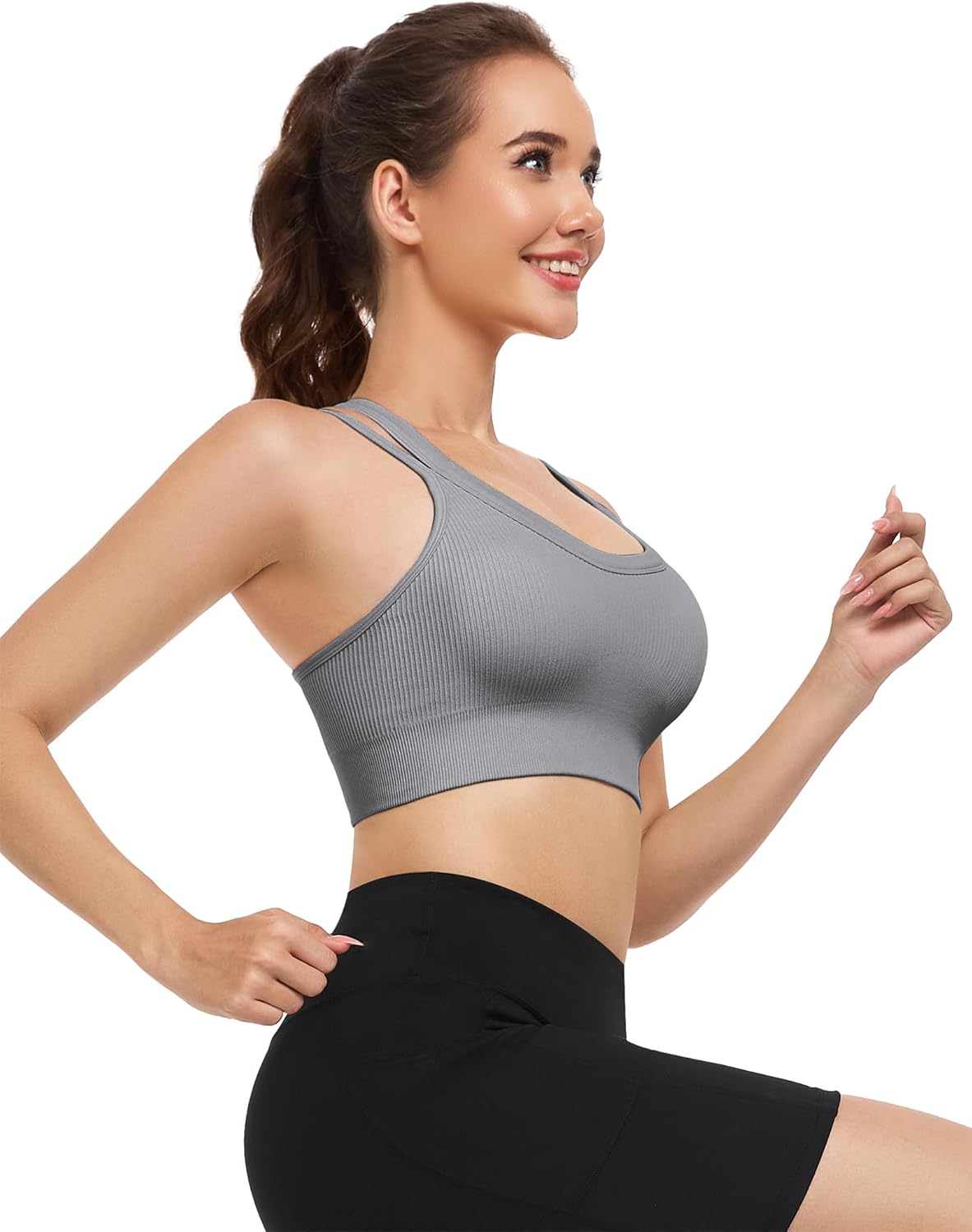 WANAYOU High Support Sports Bras for Women - Ribbed Strappy Criss Cross Back - Padded 3 Pack