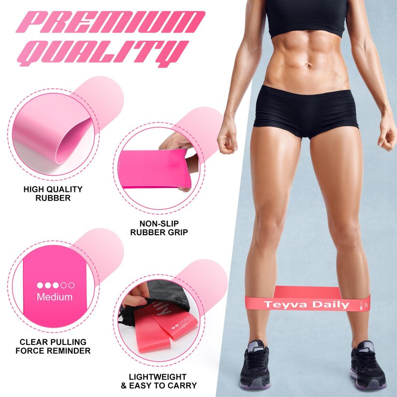 Teyva Daily 50 Pcs Resistance Loop Exercise Bands for Booty Workout Stretch Exercise Bands 5 Level Each Set with Storage Bag Non Slip for Legs Squat Resistance Loop Women Men Fitness(Pink)