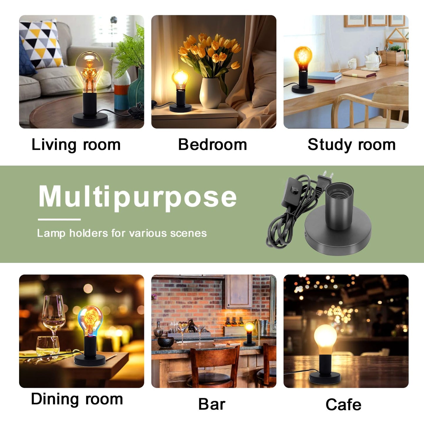 Suoyouman Industrial Table,Small Polished Metal Desktop Lamp Base Only,E26 E27 Screw Light Bulb Holder Base Lamp Replacement Base for Holding Bulb,6 Feet Cord on Off Switch Plug Black 1 Pcs