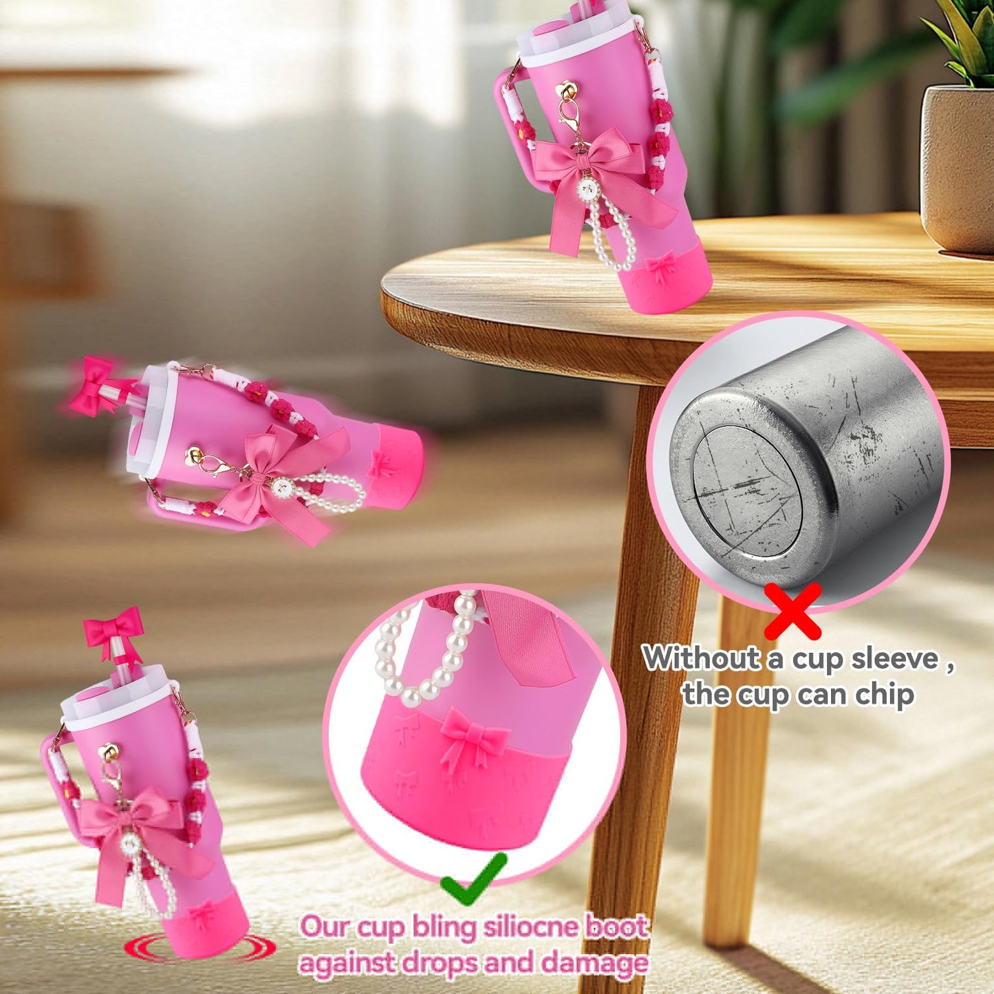 Wututir Stanley Cup Accessories Set,40oz & 30oz Tumbler Accessories Including Bow 0.4in Straw Topper Cover,2.95in Silicone Bling Boot,Bow Charms,Water Bottle Handle Strap for Women Gift (Dark Rose)