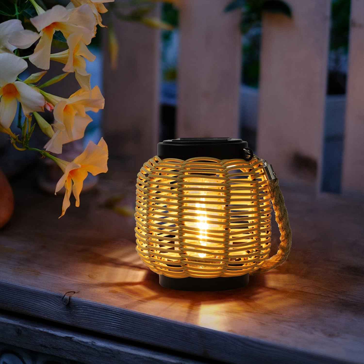 Livinlarge Solar Rattan Lantern with Twine Handle - Outdoor Waterproof Solar Lanterns for Table, Deck, Yard, Patio, Walkway, Porch & Home Decor