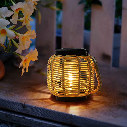 Livinlarge Solar Rattan Lantern with Twine Handle - Outdoor Waterproof Solar Lanterns for Table, Deck, Yard, Patio, Walkway, Porch & Home Decor