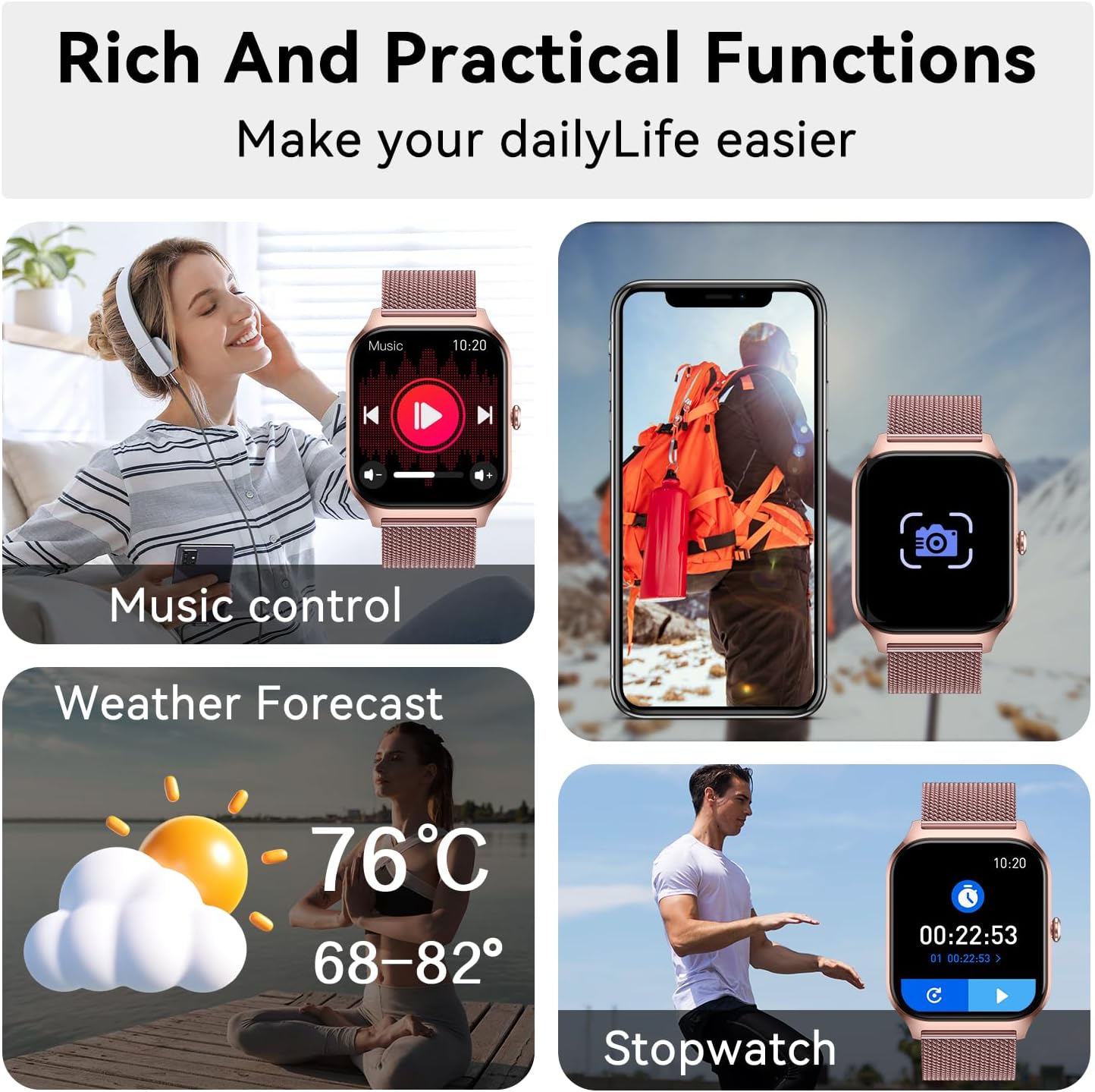 Skiennix Smart Watch | Women's Fitness Tracker - Rose Gold, Bluetooth, Waterproof, Heart Rate Monitor
