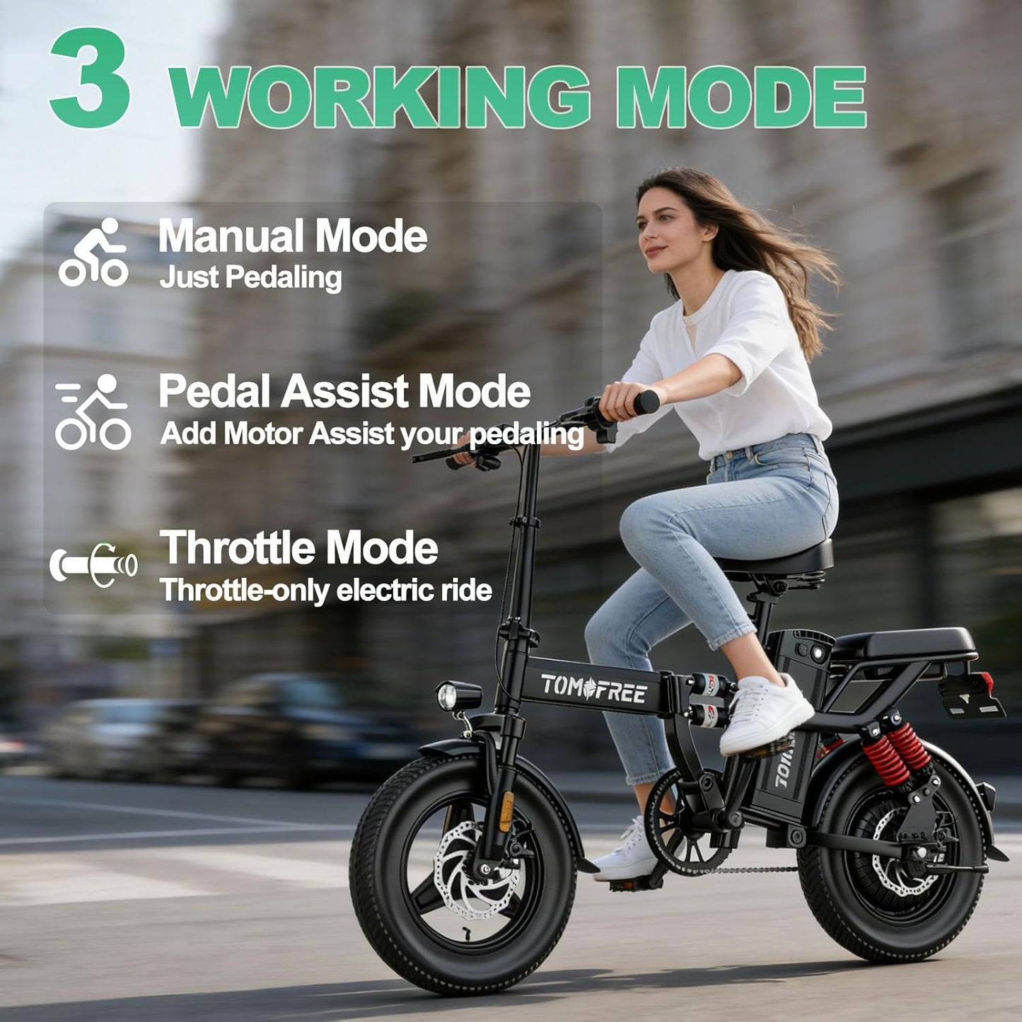Tomofree Folding Electric Bike - 750W Peak Power, 20-24MPH, 48V 20AH Battery | 35-75 Miles Range, 14" Fat Tires