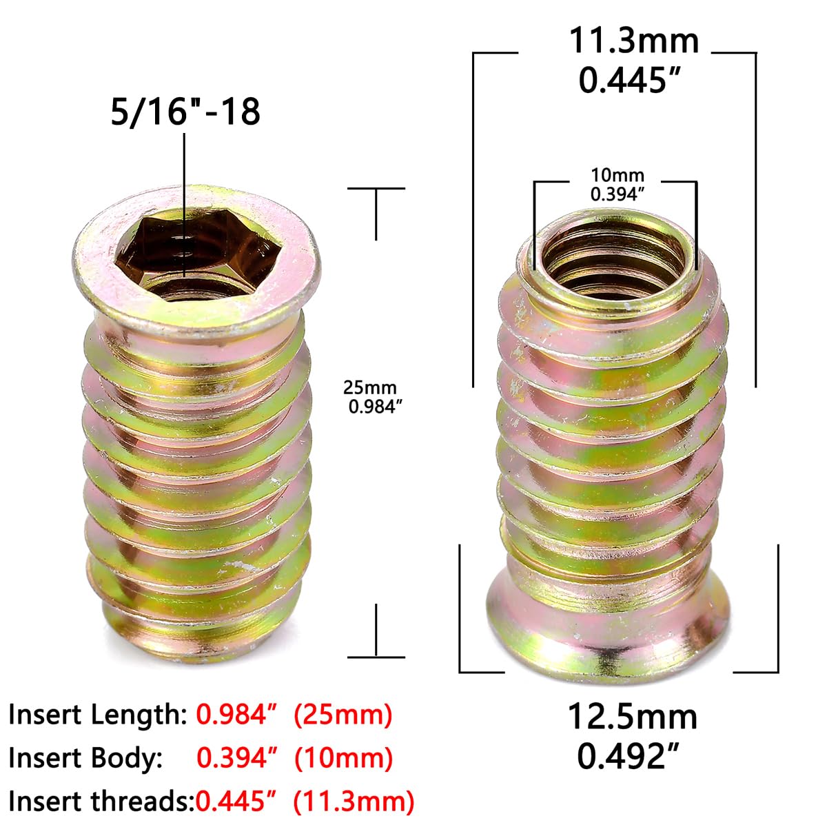 Xrfoiniu 50 Pieces 5/16 Threaded Inserts for Wood Insert Nut Woodworking Tools Flush Nut Inserts Wood Bolt Furniture Headless Screw Hardware Nuts (50, 5/16"-18x25mm)