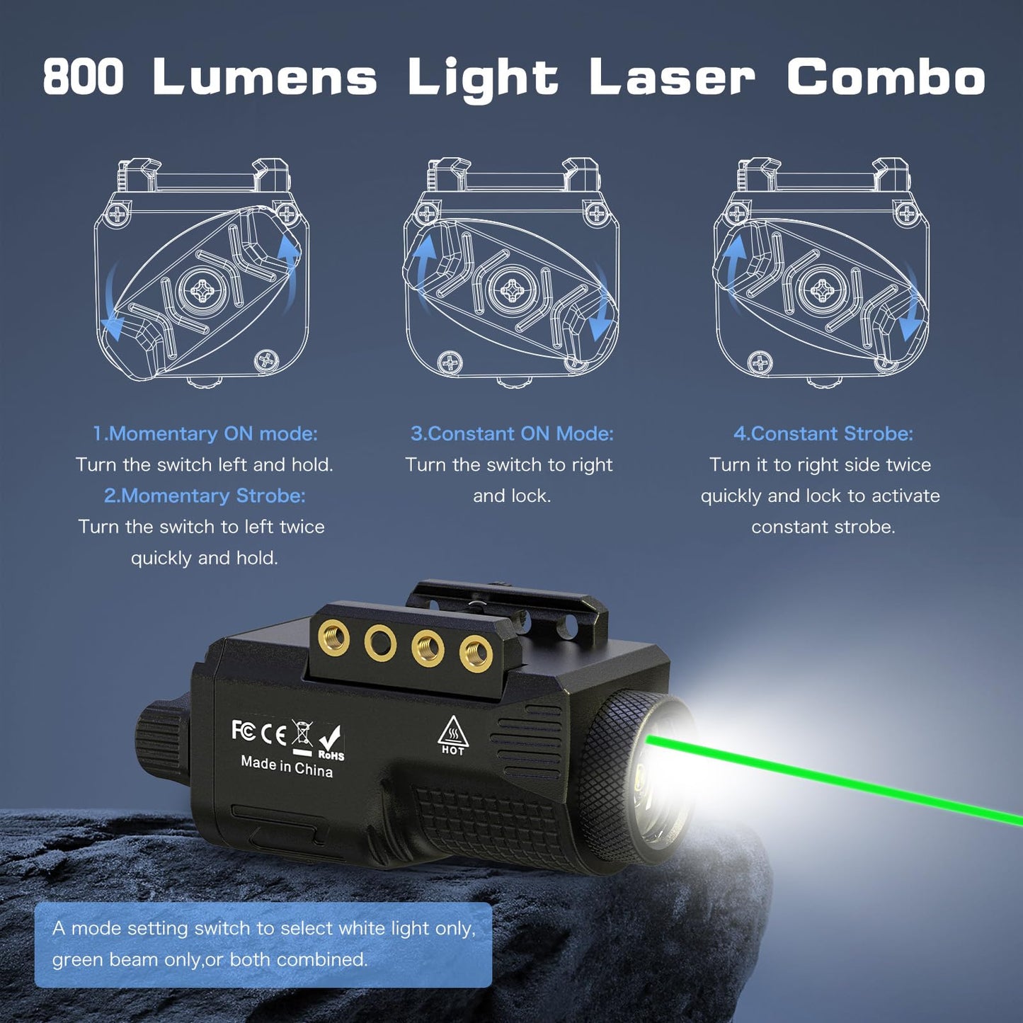 TacFlare Laser Light Combo - 800 Lumens Green Laser Beam Flashlight for Pistol Gun Picatinny 1913 Rail, Tactical Weapon Light Laser, USB C Rechargeable