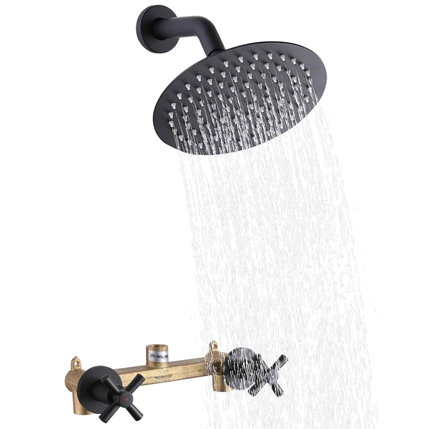 FSCEPIXI 2 Handles Shower Faucet Set,Two Handle Shower with 8'' Rainfall Shower Head Combo Set,Single Function Shower Trim Kit with Rough-in Valve,Wall Mount,Matte Black