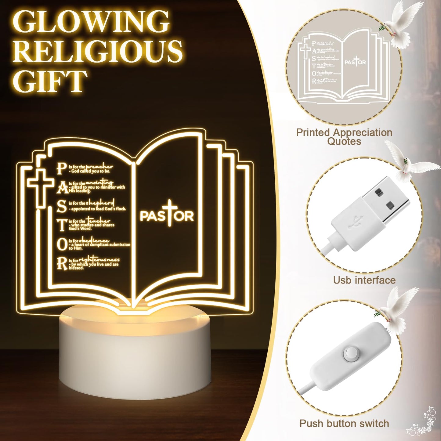 Kosiz 1 Pcs Pastor Appreciation Gift Engraved Thank Clergy Sayings Acrylic LED Night Light with Base Christian Inspirational Decor Clergy Appreciation Day Men Women Church Retirement (Stylish Pastor)
