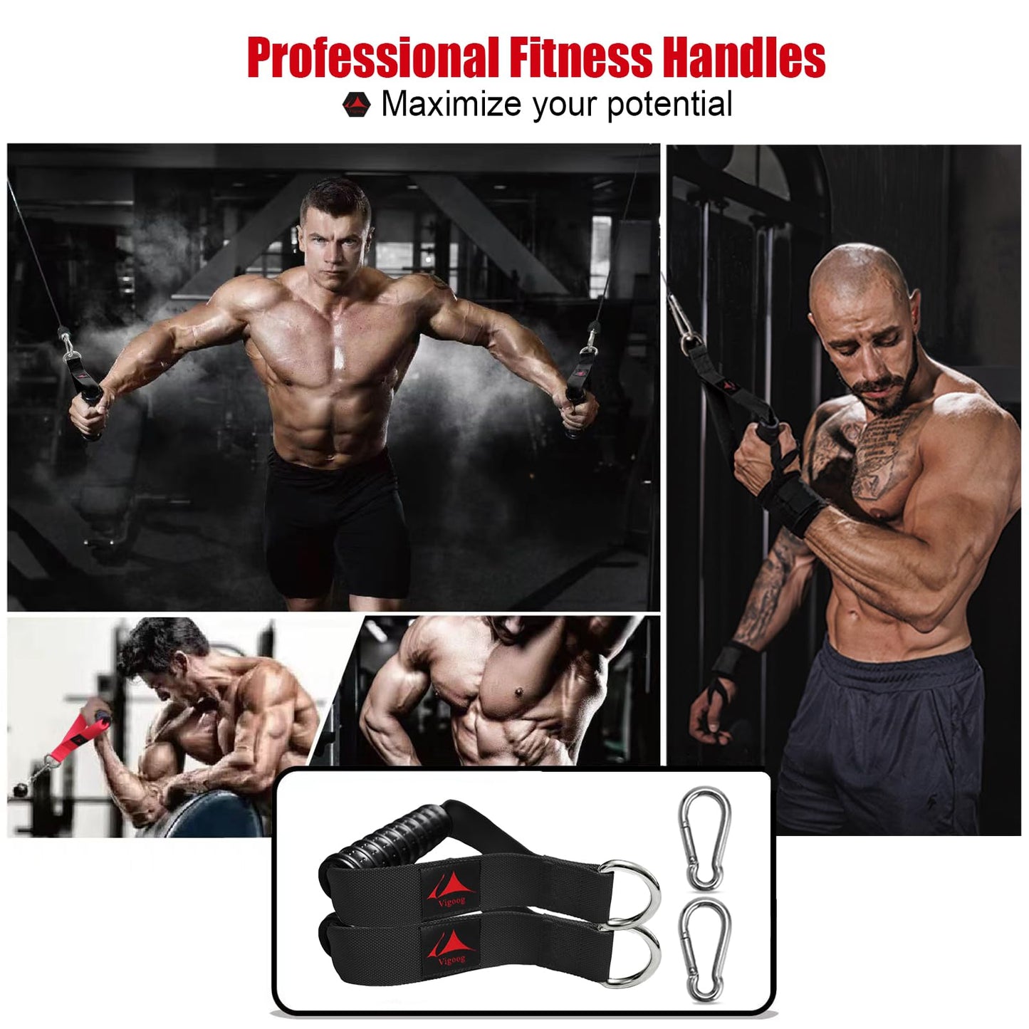 Vigoog Heavy Duty Gym Exercise Handles Attachment for Cable Machine,Resistance Band,Pulley System Home Fitness Workout Equipment, with Elastic Rubber Grip and 2 Large Carabiners (Classic Black)