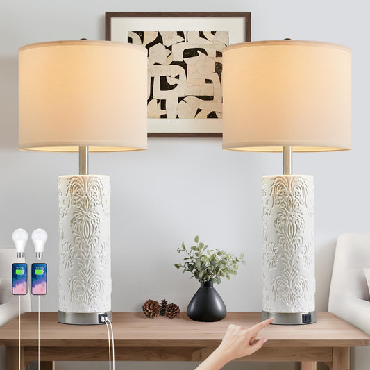 SRJJA 28" Modern White Ceramic Table Lamps Set of 2 for Living Room, Farmhouse 3-Way Dimmable Touch Bedside Lamps with USB A+C Ports for Bedroom Nightstand, 2 Bulbs Included